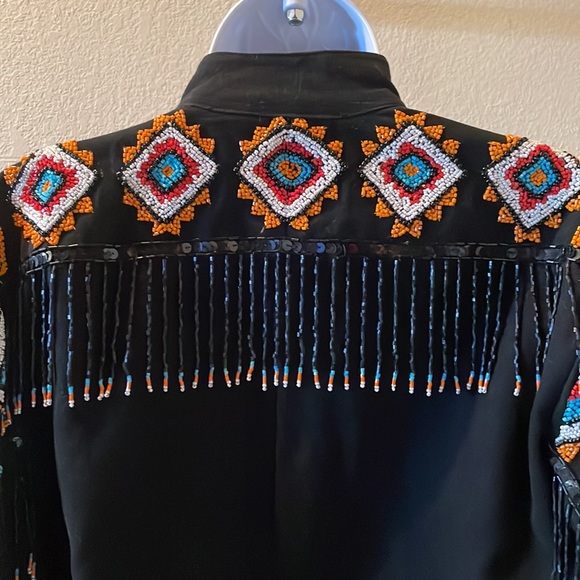 Vintage Southwest Native inspired western beaded fringe jacket black turquoise - Picture 6 of 13